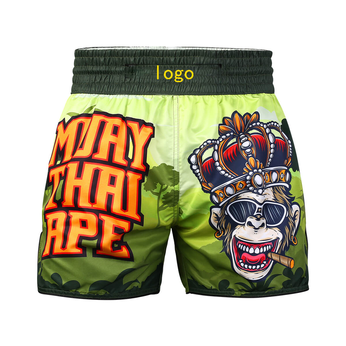 Sublimated green Muay Thai shorts with a crowned ape illustration, bold lettering and logo placeholders on the waistband